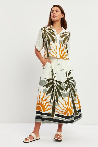 Setre Khaki Ecru Patterned - Pleat and Button Detailed Skirt