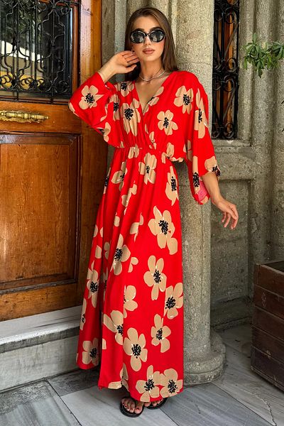 GÜLSELİ Rochie roșie din viscoză cu mânecă liliac cu guler dublu