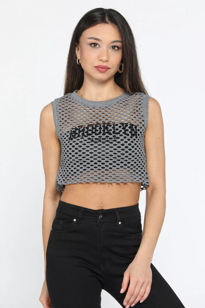 GÜLSELİ Anthracite Crew Neck Printed Openwork Women's Crop Top Sweater