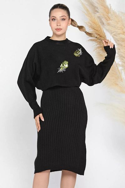 GÜLSELİ Black Women's Sequin Embroidered Sweater Dress Knitwear Double Set