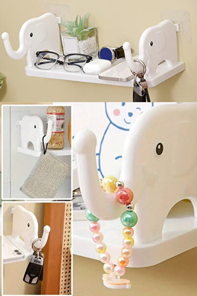 FDMFANAİR Sevimli Beyaz Fil Desenli Duvar Rafı Kendinden Yapışkanlı Banyo Rafı Oda Mutfak Organizer Havluluk