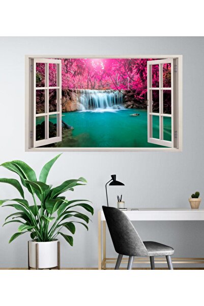 HDART Modern  Dekoratif Açılır Pencere Görünümlü Şelale  Ağaç Manzara Kanvas ...