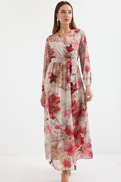 Bigdart 2134 Model Beige Chiffon Dress - Patterned