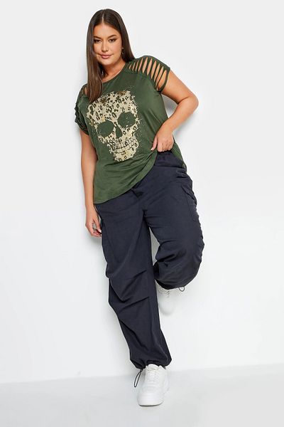 Stil Diva Large Size Sleeve Detailed Skull Printed Crew Neck T-Shirt 321124