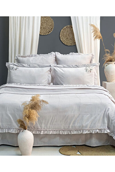 did homeware Fırfırlı Çiçek İşlemeli Gri Yatak Örtüsü Seti