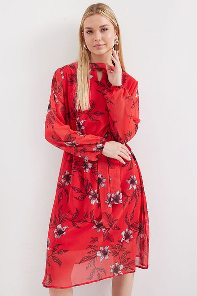 Bigdart 2459 Model Czerwona wzorzysta sukienka z podszewką z tiulu