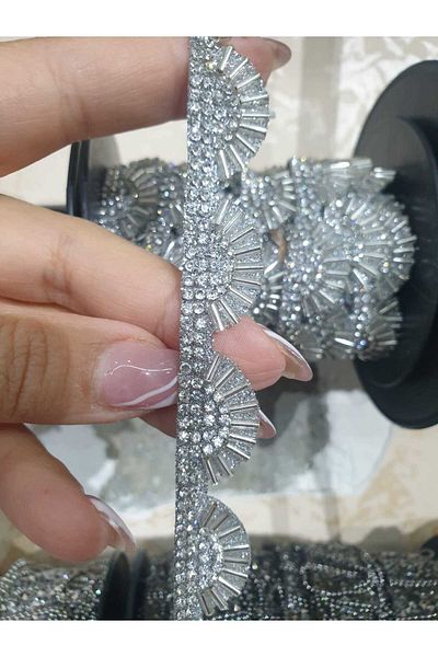 ESRA ŞELEM Silver Colored Stoned Decorative Strip - Iron-On Applique Clothing Accessory