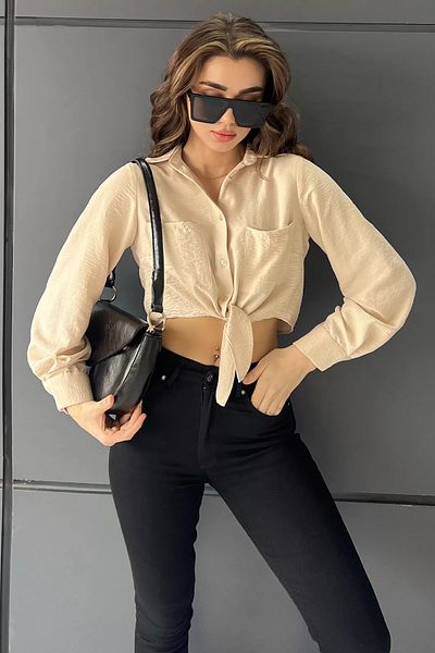 GÜLSELİ Cămașă crop top pentru femei, cu buzunar dublu, cu cravată în față