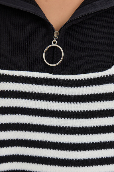 Bigdart 15886 Polo Yaka Çizgili Uzun Triko Kazak - Siyah