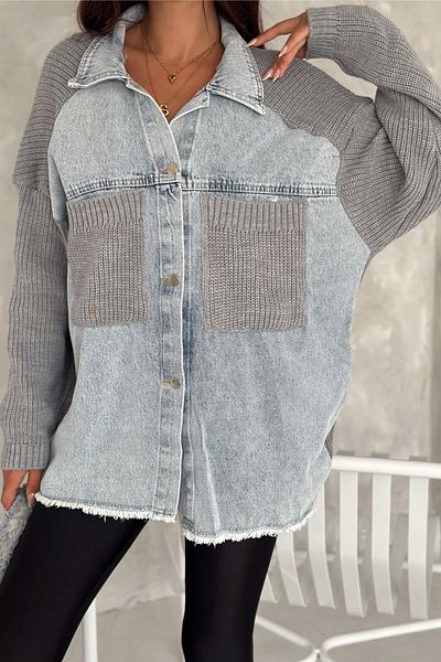 FEMELLE Women's Gray Standard Size Oversize Denim Jeans Garnished Cardigan with Sleeves and Pocket Knitwear