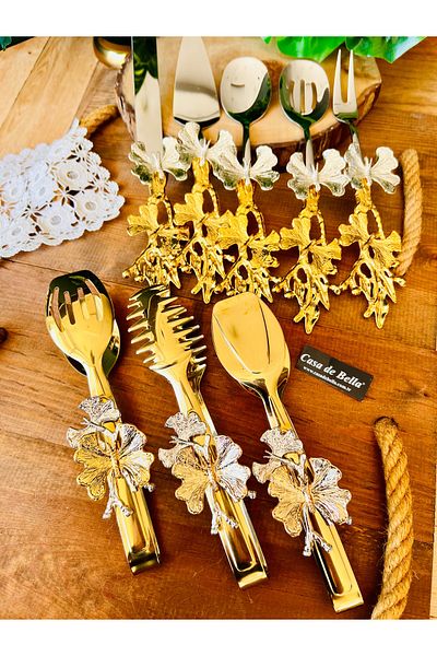 CASA DE BELLA Gold Butterfly Patterned 8 Piece Serving Tongs Set-Gold Tongs