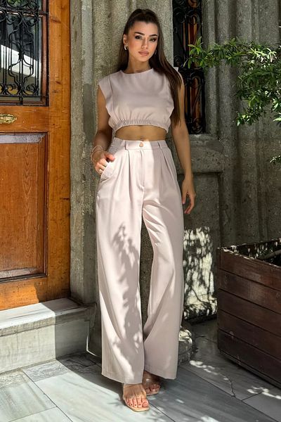 GÜLSELİ Stone Women's Crop Blouse Trousers Double Set