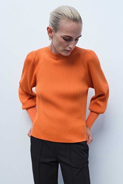 Mısırlı Crew Neck Corded Orange Women's Sweater