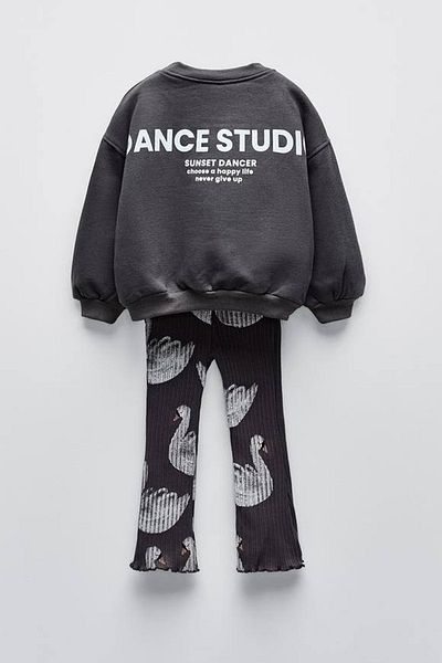 Monila New Season Girl's 3 Thread Cotton Fabric Swan Printed Sweatshirt and Leggings Bottom Top Set