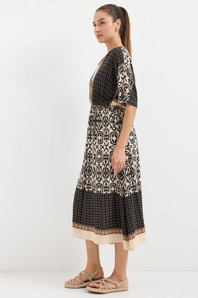 Bigdart 2517 Desenli Kısa Kol Viskon Elbise - Siyah