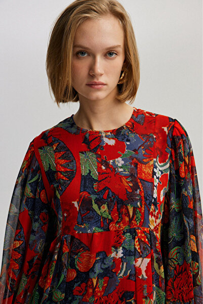 Touché Privé VOLAN DETAYLI DESENLİ ŞİFON ELBİSE