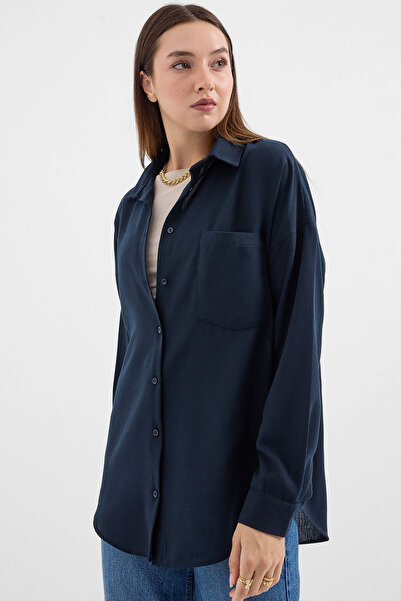 Bigdart 20153 Tek Cepli Oversize Keten Gömlek - Lacivert