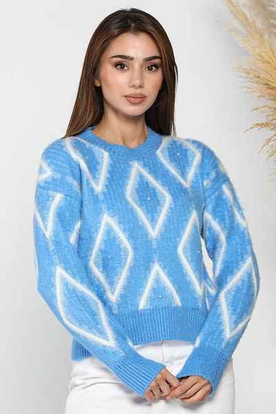 GÜLSELİ Pulover de damă albastru din tricotaje brodate cu piatră