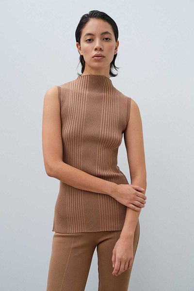 Mısırlı Bluză din tricot fără mâneci cu fantă colorată Camel