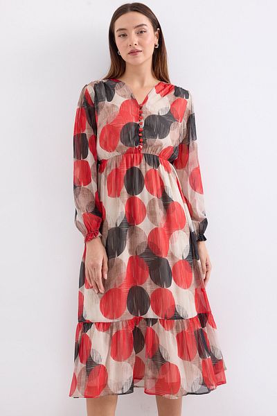 Bigdart 2137 Patterned Chiffon Dress - Slightly Red