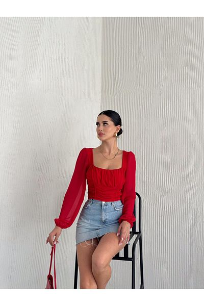 aytenli Guler pătrat în față, cu detaliu de țevi, cu glezne lungi, elastic, din șifon, cu mânecă cu balon, bluză crop din țesătură nisipoasă