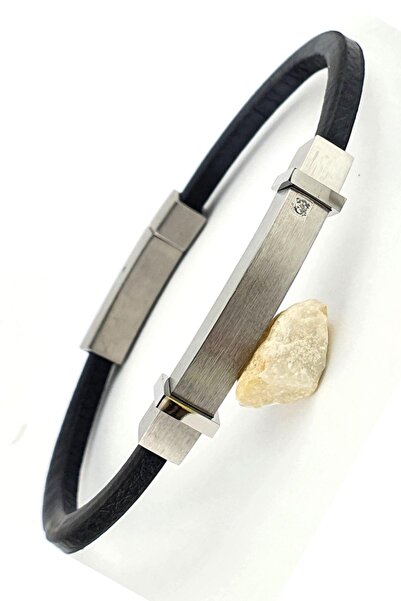 OSESHOP Swarovski Taş Detaylı 316l Çelik Siyah Deri Tarz Erkek Bileklik