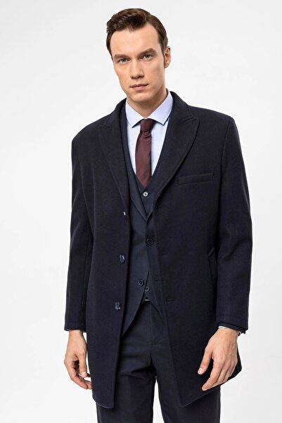 SÜVARİ Süvari Slim Fit Wool Pointed Collar Navy Blue Men's Coat