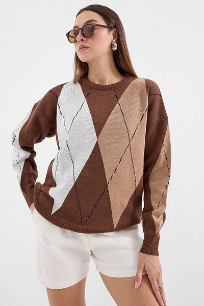 Bigdart 15887 Patterned Brown Oversize Knitwear Sweater