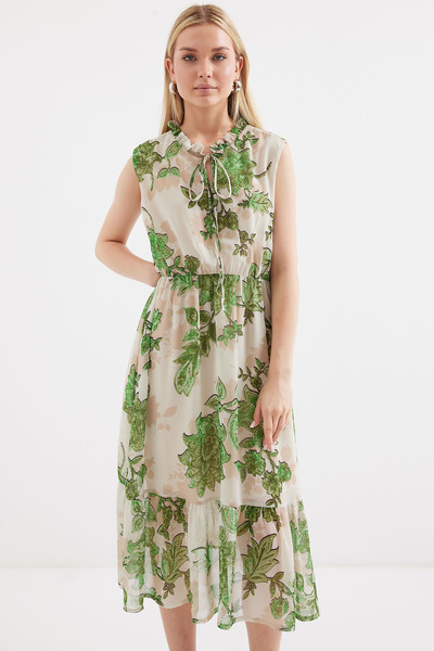 Bigdart Green 2503 Model Patterned Chiffon Dress - Zero Sleeve