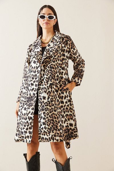 XHAN Leopard Patterned Belted Midi Trench Coat - Brown 5Kxk4-48962-18