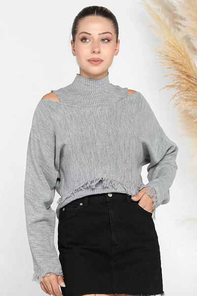 GÜLSELİ Gray Corded Blouse Crop Sweater Combination Knitwear Double Set