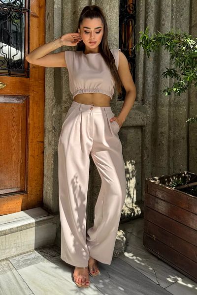 GÜLSELİ Stone Women's Crop Blouse Trousers Double Set