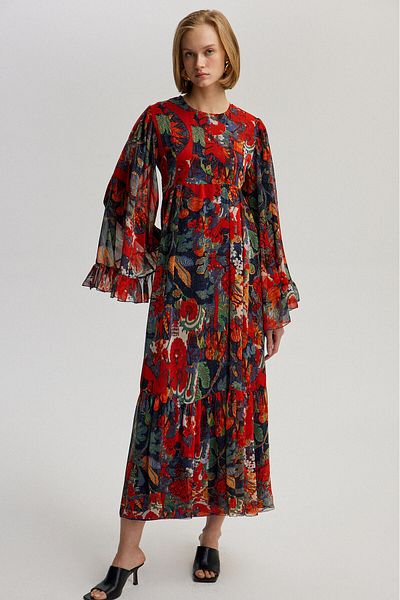 Touché Privé FLUFFY DETAIL PATTERNED CHIFFON DRESS