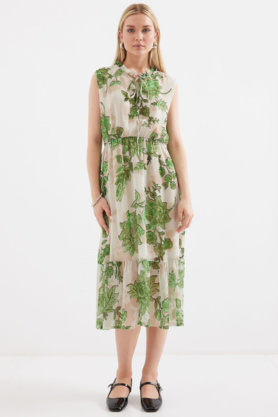 Bigdart Green 2503 Model Patterned Chiffon Dress - Zero Sleeve