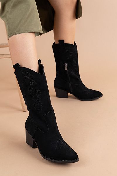 Getcho Γυναικείες μαύρες μπότες Western Cowboy Suede