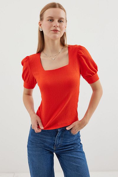 Bigdart 0409 Modell Orange Strickbluse - Quadratischer Kragen