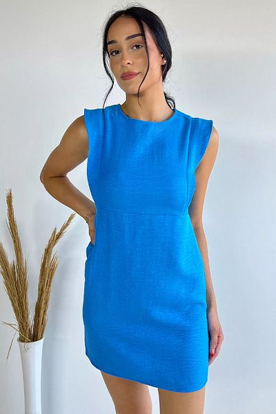 GÜLSELİ Rochie albastră fără mâneci cu volane pe umeri