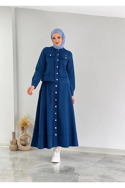 Cardella Σετ λινό Hijab και τζάκετ Camelya Navy Blue ριγέ - Σετ 2