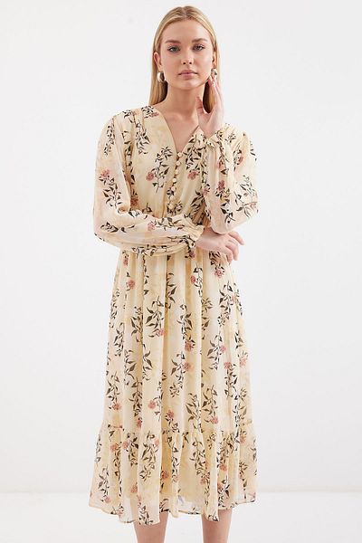 Bigdart 2137 Gemustertes Chiffonkleid – Creme