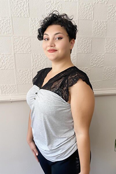 Zer Otantik Buttoned Lace Plus Size Combed Cotton Blouse Gray