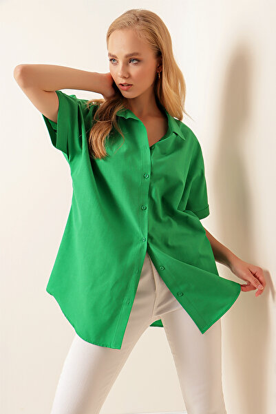 Bigdart 20120 Oversize Kısa Kollu Gömlek - Yeşil