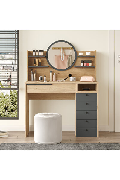 Yurudesign Ocean Makyaj Masası Aynalı Çekmeceli Şifonyer Raf Sepet-antrasit O...