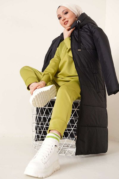 Bigdart T5120 Langer Puffer Hijab-Mantel mit Kapuze - Schwarz