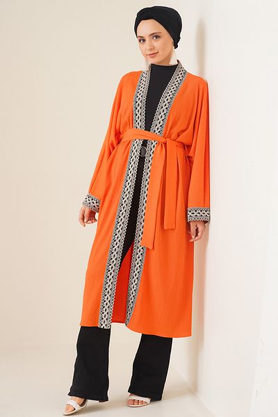 Bigdart 5865 Langer Kimono aus besticktem Strick – Orange