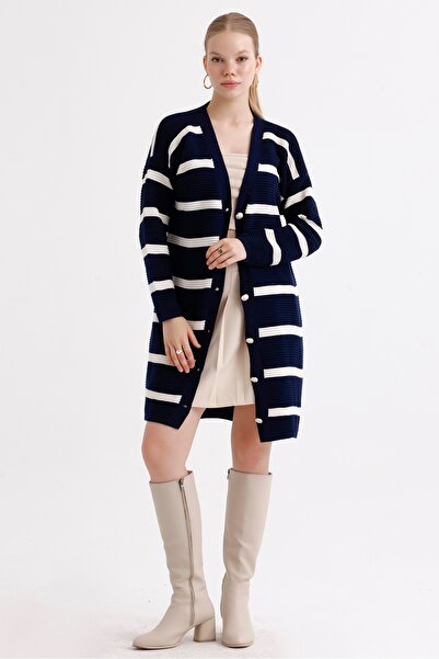 MD trend Women's Buttoned Self Patterned Long Oversize Striped Knitwear Cardigan