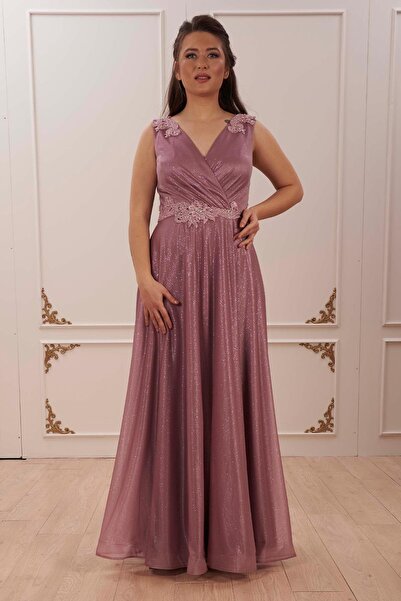 JUZENNA 20178 BB Kruvaze Yaka Bel Omuz Taşlı Simli Uzun Abiye