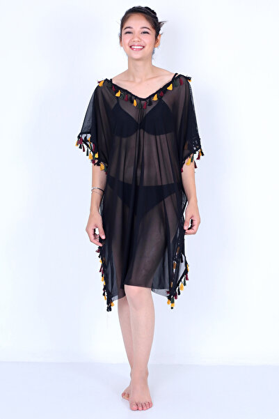 Sea Queen Kadın siyah püskülü uzun Pareo Plaj Elbisesi