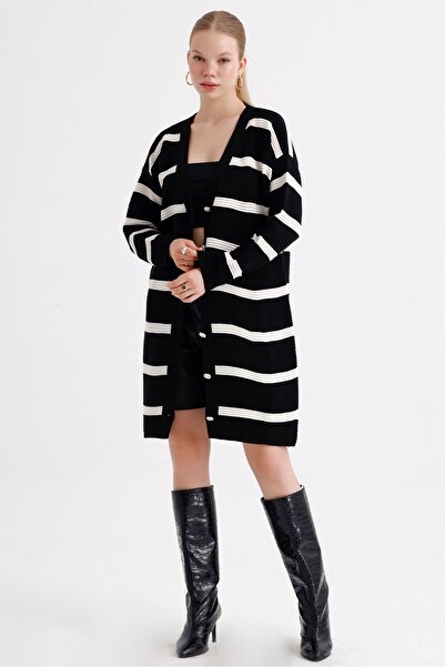 MD trend Women's Buttoned Self Patterned Long Oversize Striped Knitwear Cardigan