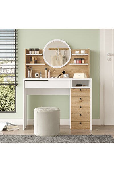 Yurudesign Ocean Makyaj Masası Aynalı Çekmeceli Şifonyer Raf Sepet-beyaz On30-sw