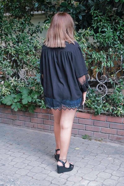 Zer Otantik Δαντελένια Λεπτομερή Μπλούζα Μπλούζα Plus Size Μαύρη